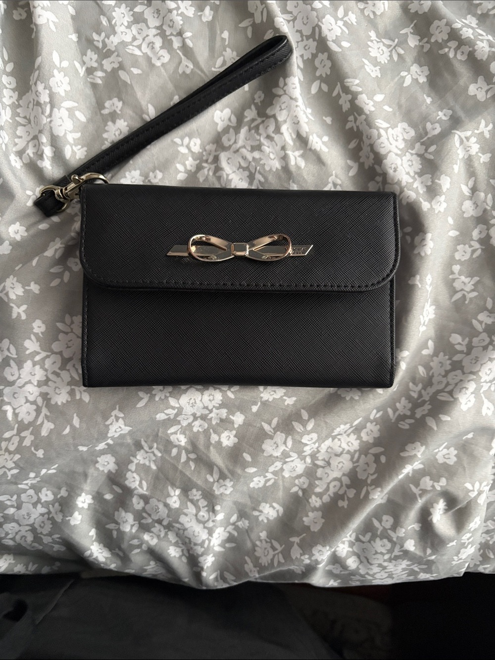 Black Wristlet Clutch with Gold Bow Accent